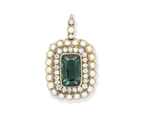 TOURMALINE, DIAMOND AND SEED PEARL PENDANT, LATE 19TH CENTURYThe rectangular-shaped green tourmaline within a cushion-shaped 