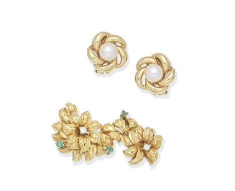 EMERALD AND DIAMOND-SET BROOCH; CULTURED PEARL EARCLIPS1st: Of floral design, set with circular-cut emeralds and brilliant-cu