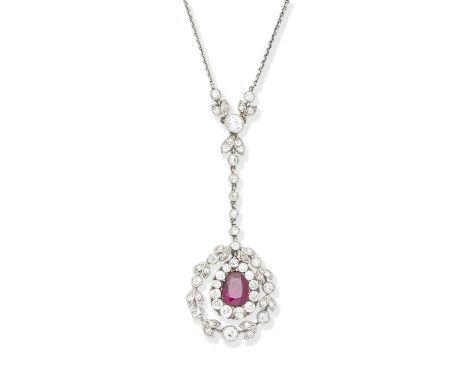 BELLE ÉPOQUE RUBY AND DIAMOND PENDANT,  CIRCA 1905The old brilliant and single-cut diamond garland with oval-cut ruby swing c