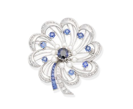 SAPPHIRE, CULTURED PEARL AND DIAMOND BROOCHThe openwork flowerhead set with oval, circular and calibré-cut sapphires, with cu