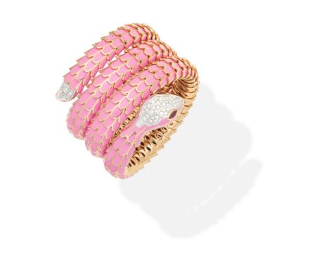 ALEXIS: ENAMEL AND GEM-SET SNAKE BANGLEThe coiling sprung snake-scale links decorated with bubble gum pink enamel with brilli