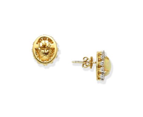 OPAL AND DIAMOND CLUSTER EARRINGSEach opal cabochon within a brilliant-cut diamond surround, partial UK hallmark,  length 1.5