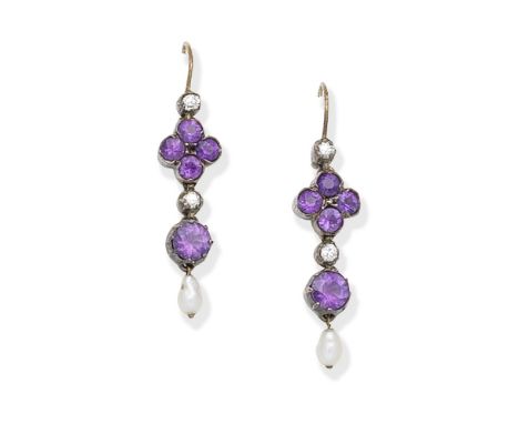 AMETHYST, DIAMOND AND PEARL EARRINGSEach set with circular-cut amethysts, single-cut diamonds and seed pearl drops, length 2.