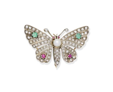 GEM-SET BUTTERFLY BROOCH, CIRCA 1900Set throughout with cushion-shaped diamonds, circular-cut emeralds and rubies, and a cult