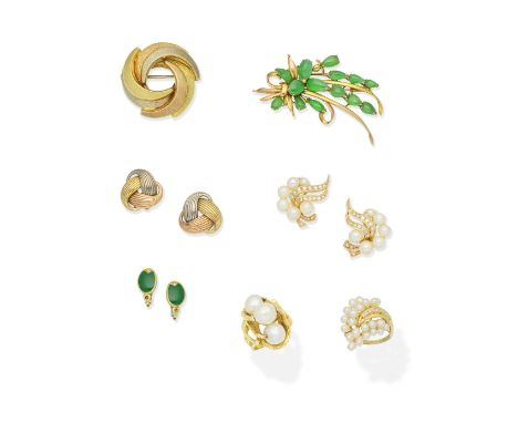 COLLECTION OF GEM-SET JEWELLERY1st: The dress ring set with cultured pearls and brilliant-cut diamonds, the earclips of match