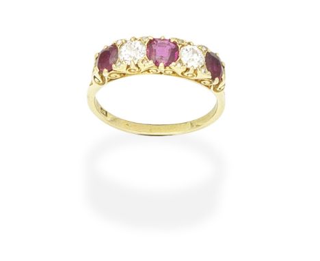 RUBY AND DIAMOND FIVE-STONE RINGSet with alternating cushion-shaped rubies and old brilliant-cut diamonds, the gallery and sh
