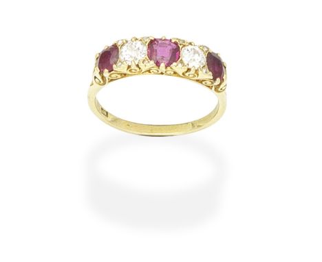 RUBY AND DIAMOND FIVE-STONE RINGSet with alternating cushion-shaped rubies and old brilliant-cut diamonds, the gallery and sh