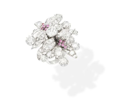 DIAMOND AND RUBY FLORAL AND FOLIATE CLUSTER RINGSet throughout with cushion-shaped, old brilliant and rose-cut diamonds and c