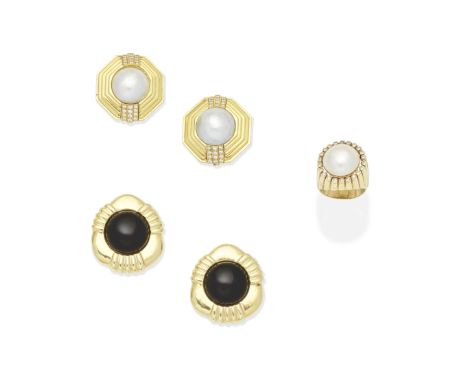 MABÉ CULTURED PEARL AND DIAMOND DRESS RING; MABÉ CULTURED PEARL AND DIAMOND EARRINGS; ONYX EARRINGS1st: The mabé cultured pea