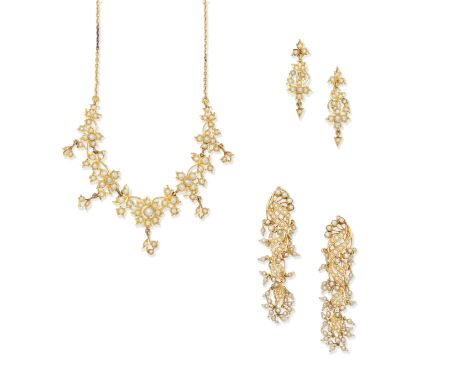 CULTURED PEARL NECKLACE AND EARRING SUITE; PEARL PENDENT EARRINGS1st: The necklace of foliate and floral design, set with cul