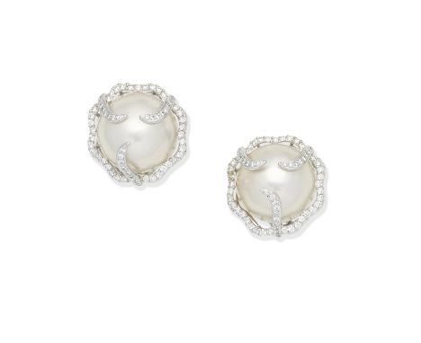 MABÉ CULTURED PEARL AND DIAMOND EARCLIPSEach mabé cultured pearl enclosed within a brilliant-cut diamond frame,  one diamond 