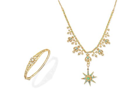 TURQUOISE AND SEED PEARL FRINGE NECKLACE; SEED PEARL BANGLE, LATE 19TH CENTURY1st: The necklace set with seed pearls and turq