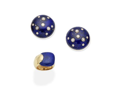LAPIS LAZULI RING; TRIANON: LAPIS LAZULI, SEED PEARL AND DIAMOND EARCLIPS1st: Of abstract design, set with a polished lapis l