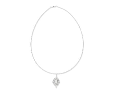 DIAMOND PENDANT/NECKLACEThe central step-cut diamond within a tiered lozenge surround set with marquise and brilliant-cut dia