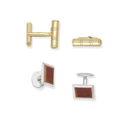 TWO PAIRS OF CUFFLINKS1st: Single-sided, of bi-coloured polished baton design, 2nd: Single-sided, set with a step-cut carneli