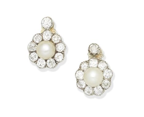 NATURAL PEARL AND DIAMOND EARRINGS  CIRCA 1890Each cushion-shaped diamond surmount, suspending a similarly cut diamond cluste