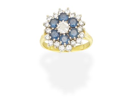 SAPPHIRE AND DIAMOND CLUSTER RINGSet with brilliant-cut diamonds and circular-cut sapphires, ring size approx. P½Footnotes:Pl