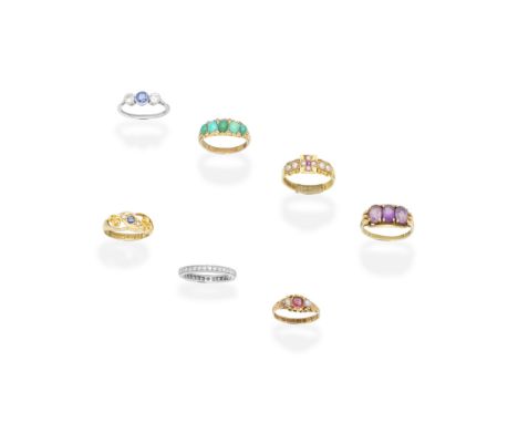 SEVEN GEM-SET RINGS1st: Set with seed pearls and a circular-cut ruby, 2nd: Set with oval turquoise cabochons and rose-cut dia
