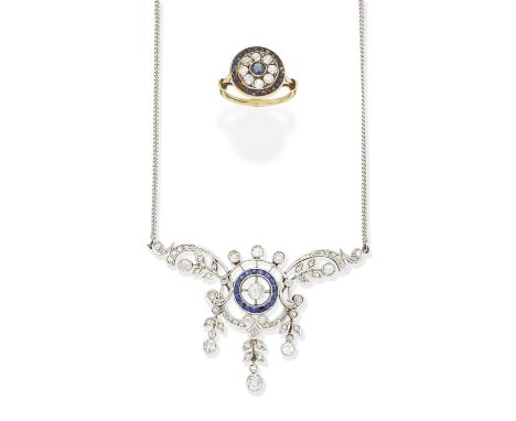SAPPHIRE AND DIAMOND NECKLACE; TARGET RING,  CIRCA 1905-101st: The openwork necklace of scrolling and foliate design set with