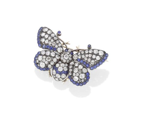 SAPPHIRE AND DIAMOND EN TREMBLANT BUTTERFLY BROOCH, CIRCA 1890The body and pierced wings set with cushion-shaped, old brillia