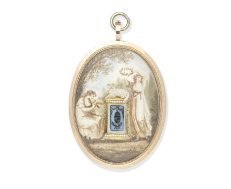 IVORY, DIAMOND AND HAIRWORK MOURNING PENDANT, CIRCA 1790The obverse with a seed pearl and waxwork lamb atop a funerary plinth