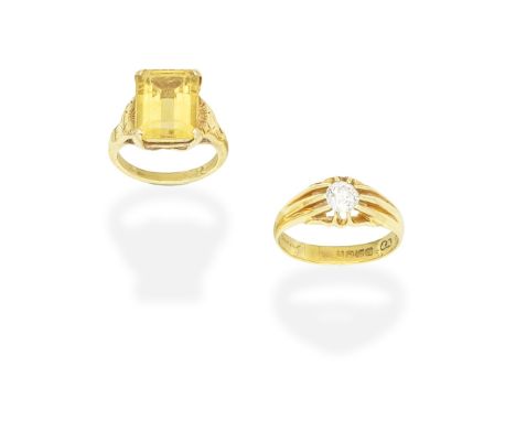 CITRINE RING; DIAMOND RING1st: The step-cut citrine between engraved shoulders, 2nd: Set with a cushion-shaped diamond, mount