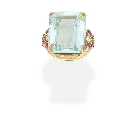 AQUAMARINE, RUBY AND DIAMOND RING,The octagonal step-cut aquamarine between circular-cut ruby and brilliant-cut diamond shoul