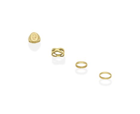 TIFFANY: FOUR RINGS1st: The signet ring with engraved crest, 2nd: The ring of crossover design, 3rd: Two plain polished bands