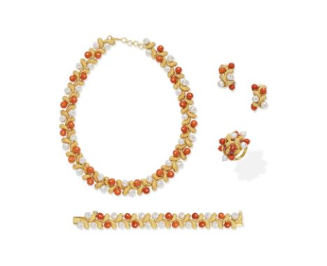 CORAL, CULTURED PEARL NECKLACE, BRACELET, EARCLIP AND RING SUITE, CIRCA 1970The articulating links of textured bombé form, ac