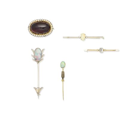 COLLECTION OF GEM-SET BROOCHES1st: The bar brooch set with an opal cabochon and cushion-shaped diamonds, 2nd: The bar brooch 