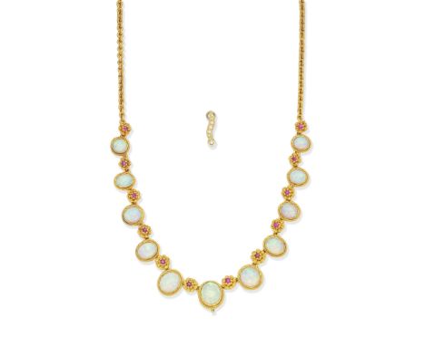 OPAL AND RUBY NECKLACE, CIRCA 1900The graduated series of circular and oval opal cabochons within ropetwist surrounds, altern