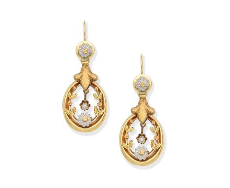 PENDANT EARRINGS, 19TH CENTURYTricolored, each foliate surmount, suspending a polished hoop via a fleur-de-lys motif, with an