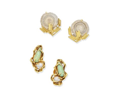 CRYSTAL GEODE AND DIAMOND EARCLIPS; ARTHUR KING: CULTURED PEARL AND AMAZONITE EARCLIPS1st: Each designed as a crystal geode c