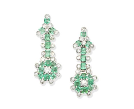 EMERALD AND DIAMOND PENDENT EARRINGSEach set with step-cut emeralds and brilliant and single-cut diamonds,  diamonds approx. 