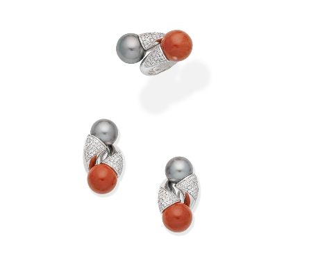 CULTURED PEARL, CORAL AND DIAMOND RING AND EARRING SUITEOf crossover design, pavé-set with brilliant cut diamonds and a 13.8m