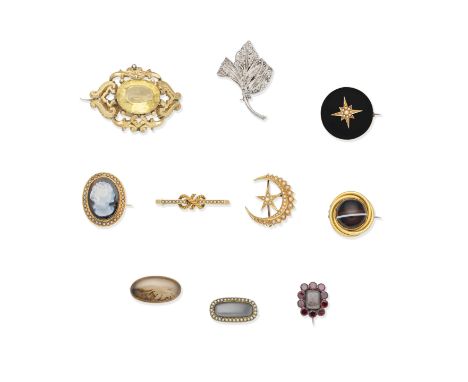 TEN GEM-SET BROOCHES, 19TH CENTURY1st: Of scrolling openwork design, set with an oval-cut citrine, 2nd: The circular onyx pla