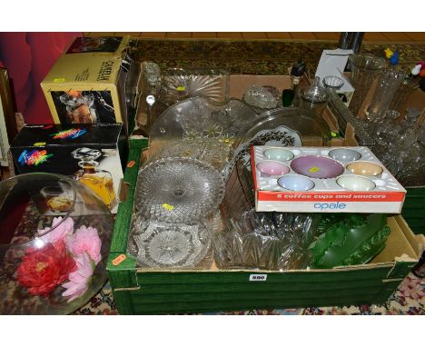 SEVEN BOXES OF ASSORTED GLASSWARE AND LOOSE, some boxed items, mostly pressed moulded mid 20th century, including a boxed set