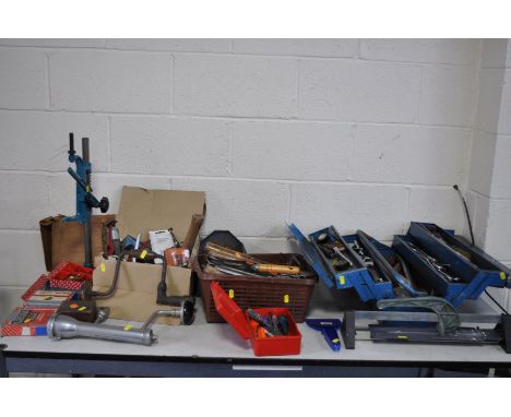 TWO TOOLBOXES AND TWO TRAYS CONTAINING A QUANTITY OF TOOLS, including a drill stand, spanners, sockets, hammers, drill braces