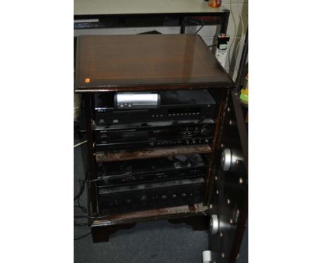 A MAHOGANYHI FI CAB, containing a Denon DRS-640 tape player and TU-260L and an Arcam Alpha one CD player (reads no Disc) and 