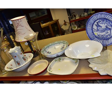 FOUR VARIOUS MODERN GLASS VASES AND ASSORTED CERAMICS, etc, including a Le Creuset circular red glazed pie dish (1.6L/1.7QT) 