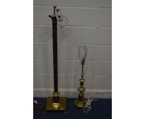 A MODERN BRASS CORINTHIUM COLUMN STANDARD LAMP, together with a brass table lamp (2)