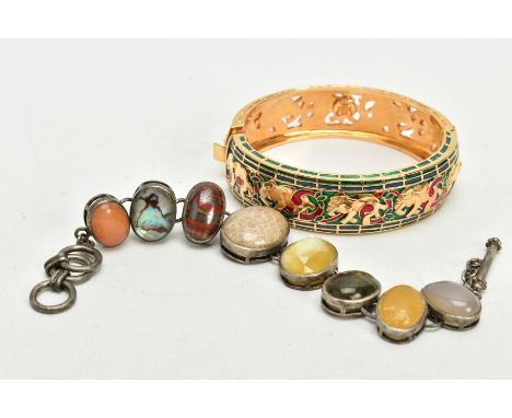 A WHITE METAL SEMI-PRECIOUS GEMTONE SET BRACELET AND A BANGLE, the bracelet designed with seven collet mounted semi-precious 