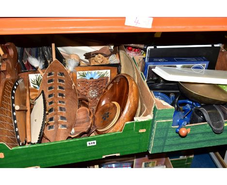 FOUR BOXES OF SUNDRY ITEMS, to include cast iron scales with weights, items of treen, including bowls, Paillard-Bolex cine ca