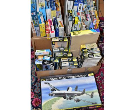 A QUANTITY OF BOXED UNBUILT PLASTIC CONSTRUCTION KITS, majority are assorted military aircraft, assorted scales, makers inclu