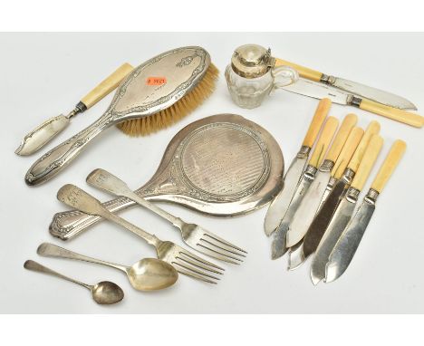 A BOX OF MISCELLANEOUS ITEMS, to include a silver curved bladed fish knife, hallmarked Birmingham 1836, a Georgian silver Old