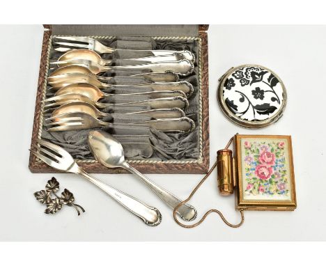 A SELECTION OF ITEMS, to include an incomplete set of eleven dessert forks and spoons, each stamped 'Silver 90' to the revers