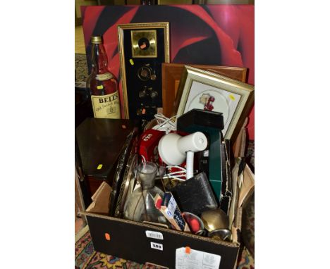 A BOX OF TINS, METALWARE, ETC, a Victorian mahogany writing slope, width 41cm, a Bells Whisky 4.5 litre bottle (no contents),