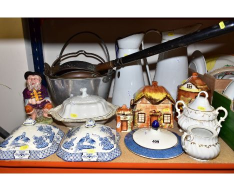 A GROUP OF CERAMICS AND METALWARES, including tall enamelled jugs, a Victorian copper warming pan, two jam pans, a Melba Ware