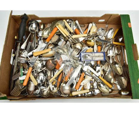 A BOX OF WHITE METAL FLATWARE, to include a set of six foliate designed teaspoons, stamped 'Morochocha Silver', a pair of pla