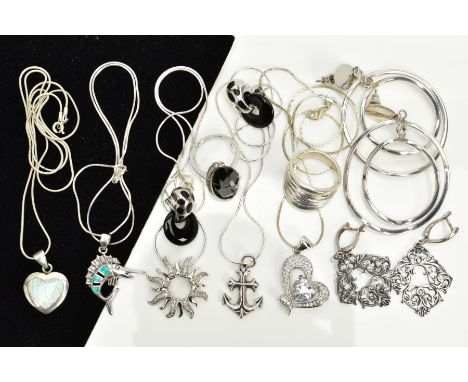 A COLLECTION OF WHITE METAL ASSORTED JEWELLERY ITEMS to include an onyx and marcasite ring, onyx and enamel drop earrings, sy